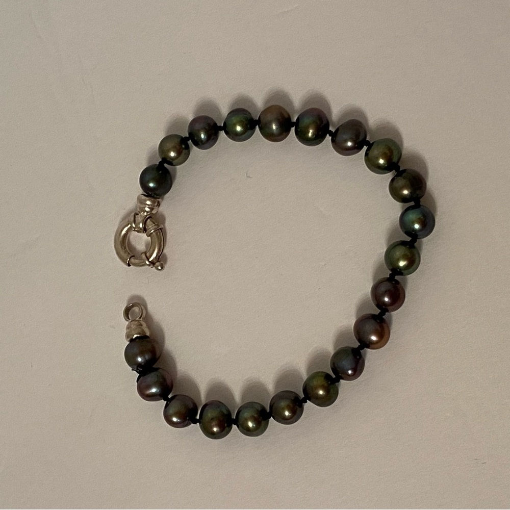 BRACELET BEADS GRAY PEACOCK FRESHWATER PEARLS STERLING SILVER 925 CLASP 7.5” - Picture 9 of 9